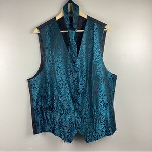Barry Wang Men’s Teal Waistcoat Paisley Vest W/Tie & Handkerchief Set Sz. XL